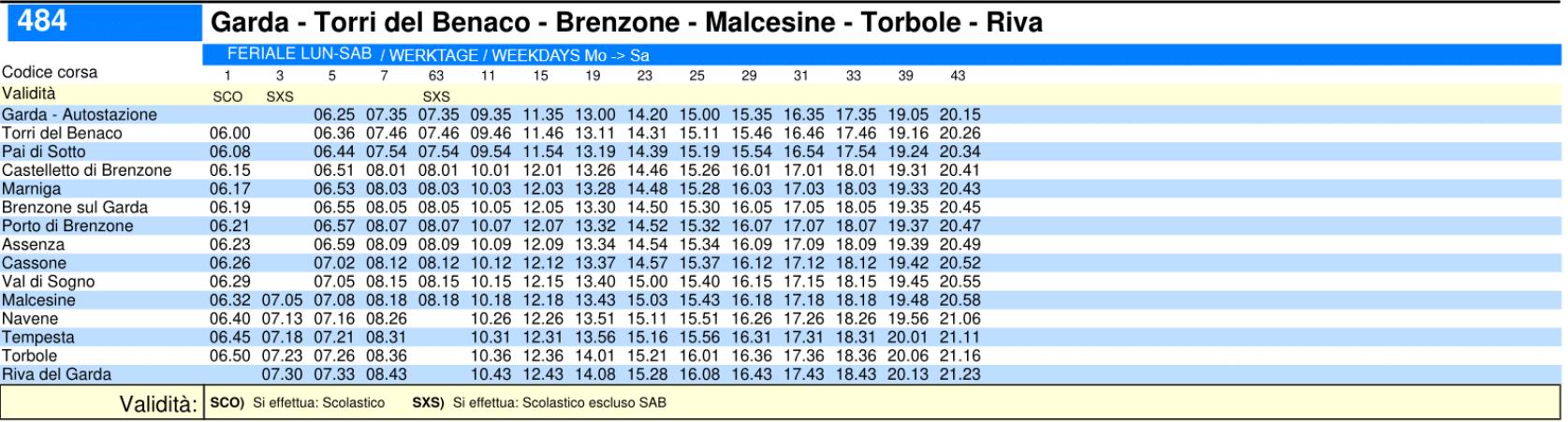 484 Garda - Malcesine - Riva del Garda buszmenetrend