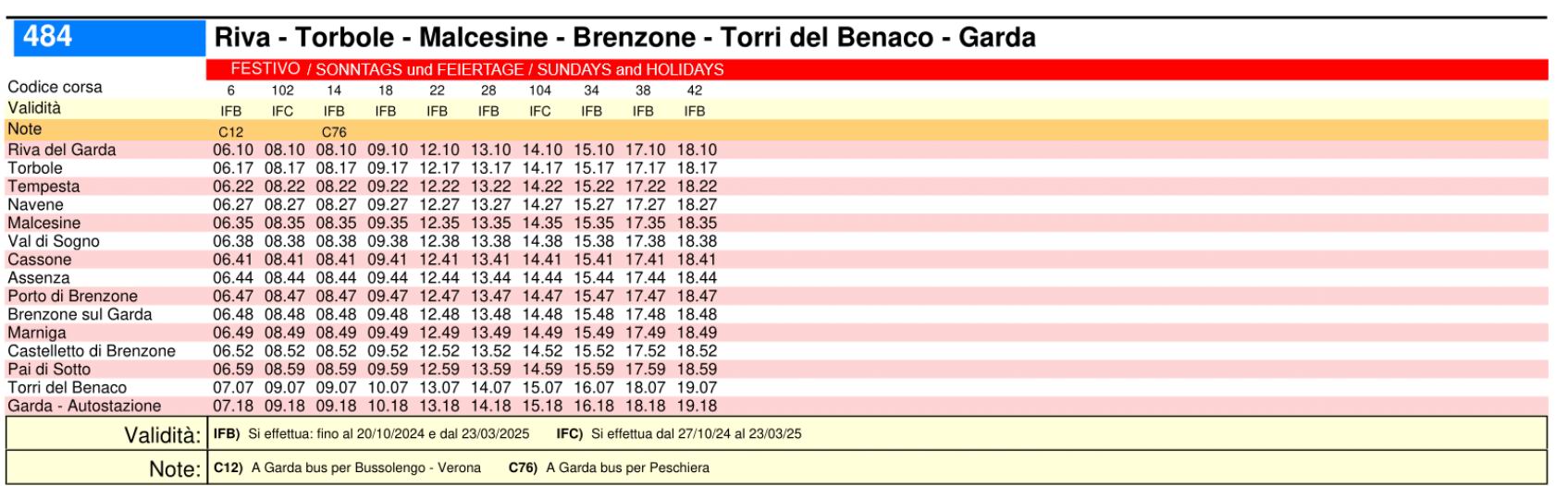 484 Riva del Garda - Malcesine - Garda hétvégi buszmenetrend