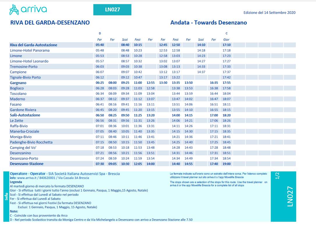 Riva del Garda - Densenzano del Garda buszmenetrend